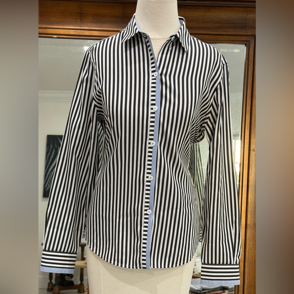 FOXCROFT Navy Blue and White Striped Dress Shirt Size 10P